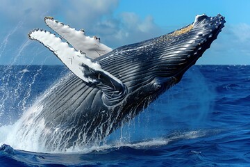 Humpback whale tail in the blue ocean,   illustration