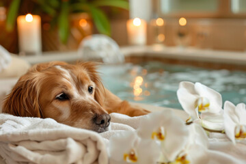 Serene golden retriever enjoys a day of pampering and relaxation at a luxury dog spa, surrounded by tranquil ambience