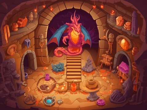 Fantasy dragon lair flat design top view treasure hoard theme animation Tetradic color scheme