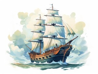 Fantasy pirate ship flat design front view high seas adventure theme water color Monochromatic Color Scheme