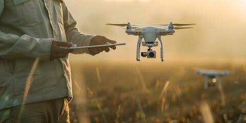 Modern Harvest Monitoring: Farmer Utilizes Drones and Technology on Tablet. Concept Smart Farming, Agriculture Technology, Drone Surveillance, Crop Monitoring, Digital Innovation