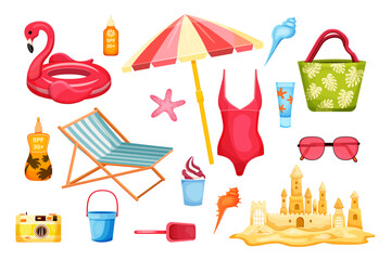 Midsummer set in trendy card style. Sand castle, sun umbrella, swimsuit, camera, sunscreen, beach bag, glasses, ice cream shells. Vector illustration. Collections template for design. 