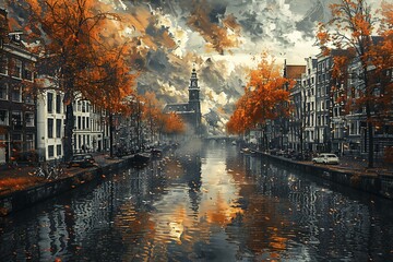Cubism art style , urban amsterdam wallpaper, high quality, high resolution