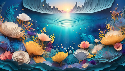 Create a majestic illustrated in a magical underwater sea, surrounded by shimmering on digital art concept.