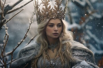 Enigmatic winter queen adorned with a crown poses in a mystical snow-covered forest
