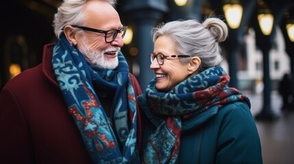 Fototapeta premium Cheerful mature couple exuding charm while posing together, enjoying a flirtatious date