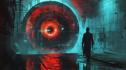Craft a digital masterpiece where futuristic gadgets blend with horror elements at eye level Picture a shadowy figure emerging from a holographic interface
