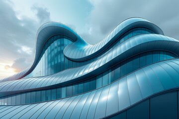  render of modern building in blue color with sky background