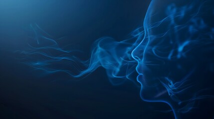 Fototapeta premium A blue background with a person's face and smoke coming out of their mouth