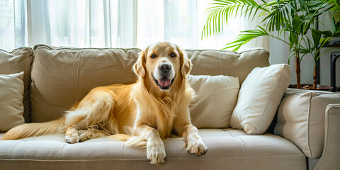 A golden retriever sitting on a couch.