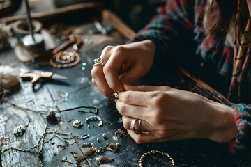 a person's hands crafting handmade jewelry or accessories, perfect for depicting artisanal craftsmanship, creativity, and DIY projects 