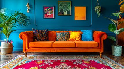 A colorful couch in a room with blue walls.