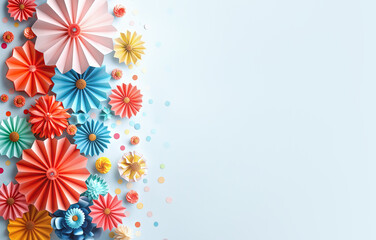 Festive Paper Decorations Array variety of shapes, colors and textures on a light background