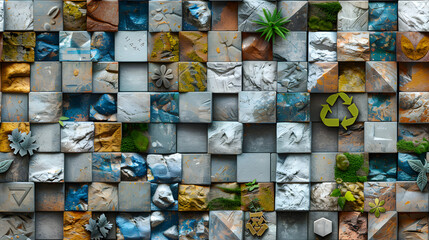 Photo realistic concept of Zero Waste Symbol Tiles: Tiles adorned with symbols of the zero waste movement inspiring sustainable living and environmental awareness in Photo Stock