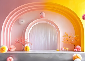 Pastel Paper Decor for pink yellow hall Archway.DIY art installation for festive