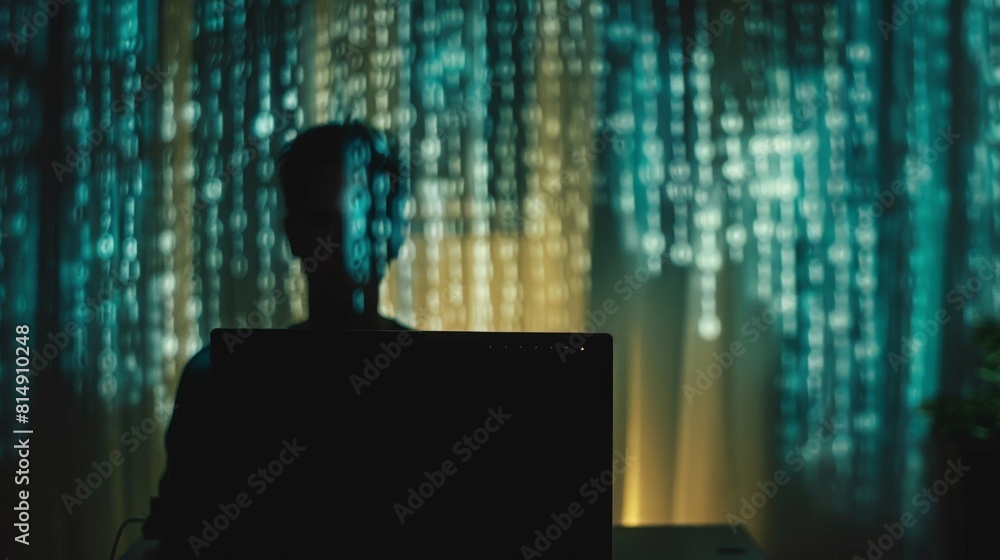 Poster hacker's silhouette reflected on computer screen