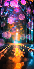 Dazzling bokeh bubbles hover over glistening tracks against a soft sunset backdrop.