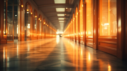 A long hallway with a lot of light shining on the floor. Elegant Hotel Corridor at Sunset. Soft focus background