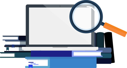 computer with magnifying glass and books.Internet web page search engine optimization research vector concept