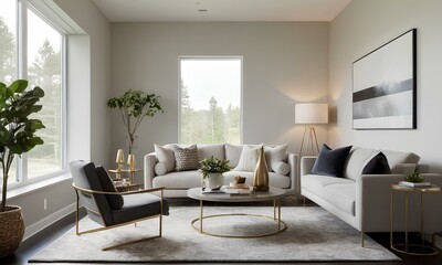 Modern Minimalism: Expansive Living Space with Sleek Lines, Monochrome Palette, and Streamlined Furniture