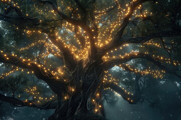 A tree decorated with lights in dark view