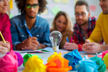 a diverse group of people participating in a brainstorming session or creative meeting, ideal for representing collaboration, innovation, and teamwork