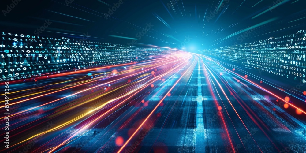 Poster a digital background with blue and white lights moving fast, representing the speed of data transfer