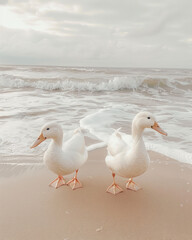 Fototapeta premium Two white ducks walking on the beach with the sea in view