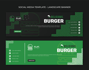 Landscape banner template in black and green background design with simple pattern and flat burger