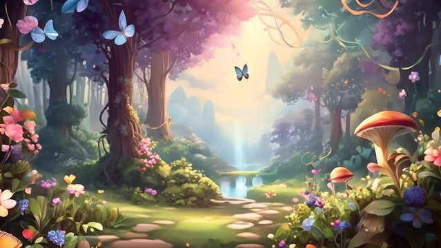 A magical forest with a sparkling stream, flowers of all colors, and butterflies fluttering in the air