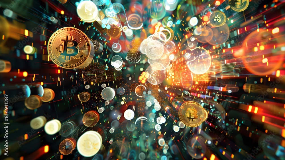 Poster a colorful image of various coins, including a bitcoin, is displayed. the image has a futuristic and