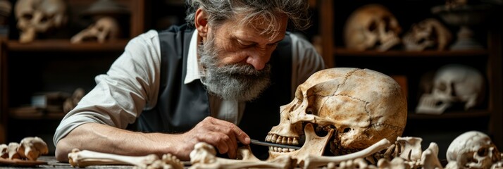 male anthropologist analyzing skeletal remains to understand ancient civilizations