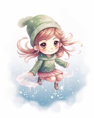 A cute  girl with a green hat and brown hair is sitting on a fluffy cloud