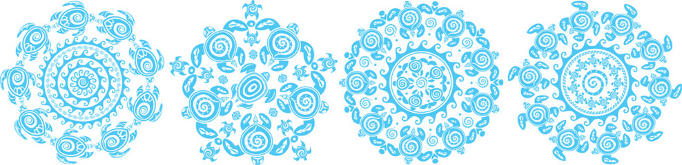 PSet of blue round mandalas made of decorative turtlesrint