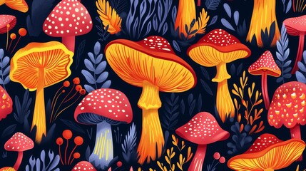Stylized mushrooms create a seamless pattern on a dark background