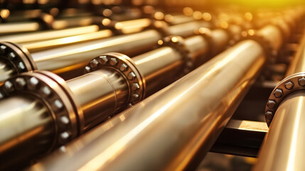 Naklejka premium steel long pipes in crude oil factory during sunset.