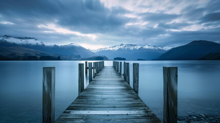 Fototapeta premium Wooden dock in a lake in the mountains, long exposure