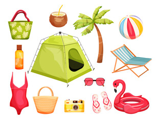 A set of summer items in a trendy card style. Tent, palm tree, sun lounger, sunglasses, sunscreen, bag, swimsuit, inflatable ring in the shape of a flamingo. Vector illustration. Collections template