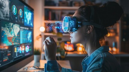 A woman is wearing a virtual reality headset while seated in front of a computer screen, engaged in a virtual experience.