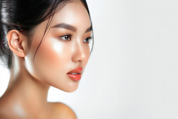 Fototapeta premium Side profile of a young Asian woman with sleek hair and glowing skin