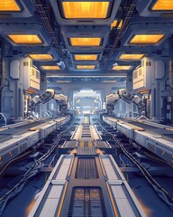 A futuristic sci-fi spaceship interior with a long illuminated corridor. The walls are lined with advanced technology and machinery.