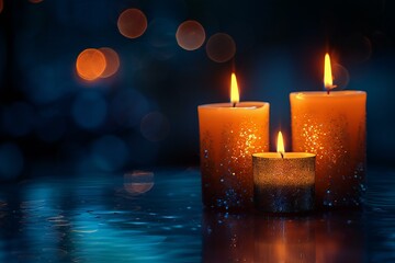 Burning candles with bokeh lights on dark background, closeup
