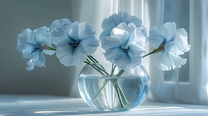 Soft Toned Elegant Floral Arrangement of Dutch Irises in Simple Glass Vase on White Background