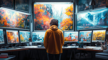Obraz premium A visually elaborate image showcasing a graphic designer at work, surrounded by a palette of vibrant colors and sleek design tools, as they bring ideas to life and create visually