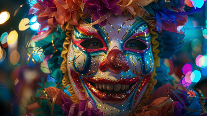 close up of a carnival mask, close up of a carnival scene in the brazil, face with carnival mask, colored faces