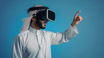 An arab young man using a virtual reality headset 