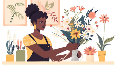 Florist African American woman making bouquet of flowers in flower shop. Vector illustration in flat style, AI generated