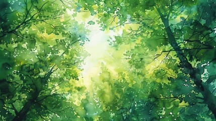 A playful splash of watercolor in various shades of green, resembling a forest canopy with hints of sunlight peeking through
