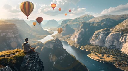 Serenity amid Nature: Person Enjoying a Scenic View with Hot Air Balloons drifting Over a River Canyon. Tranquil Landscape. AI