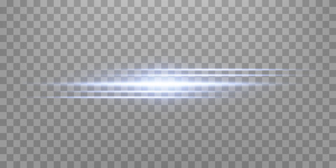 Blue horizontal lens flare. Isolated on transparent background. Sun flash with rays or spotlight and bokeh. Glow flare light effect. Vector illustration.